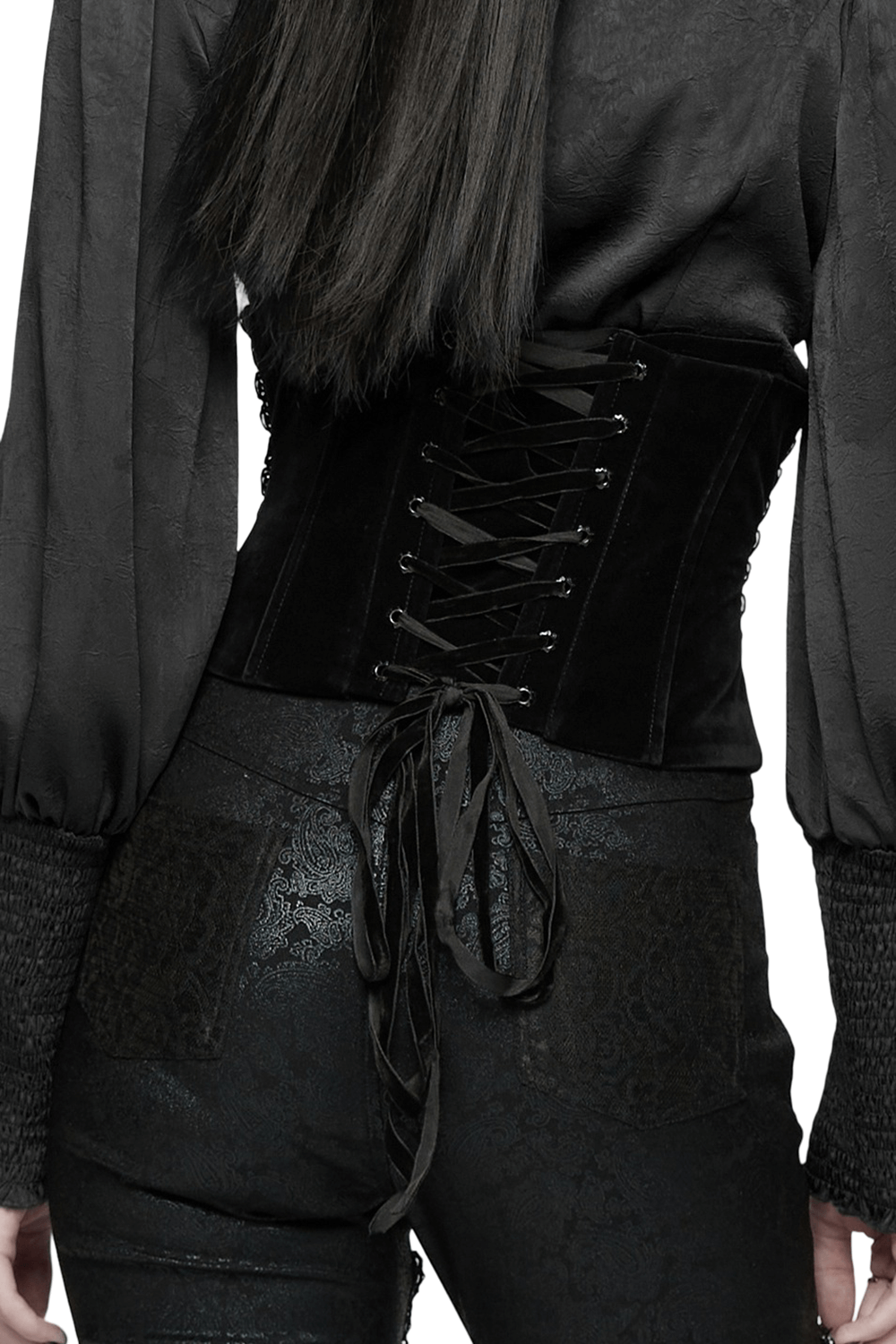 Black Gothic Velvet Corset with Rose Lace Detail featuring a lace-up back and elegant design.