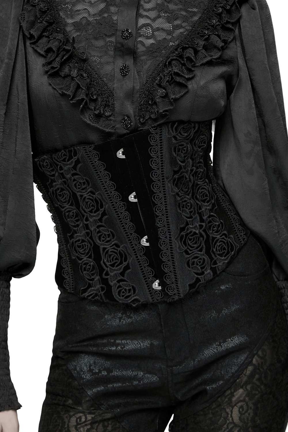 Black Gothic Velvet Corset with Rose Lace Detail featured with elegant lace and velvet design.