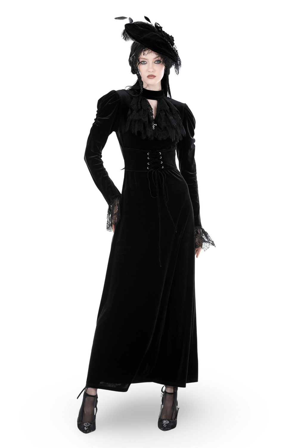 Black Gothic Velvet Dress With Lace Sleeves