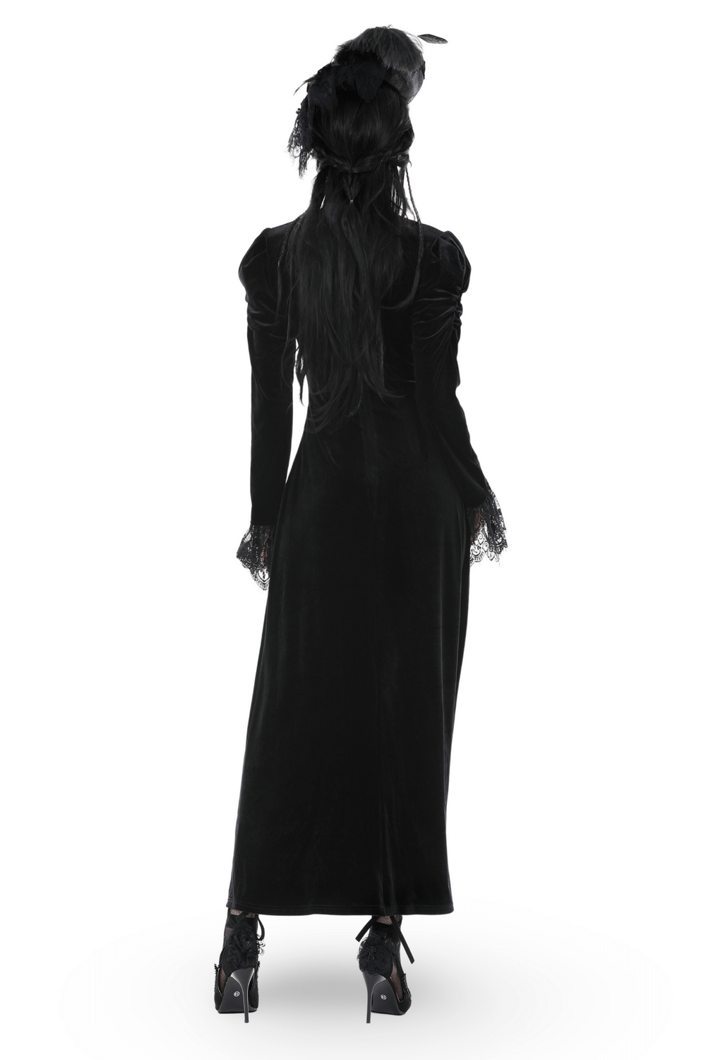 Black Gothic Velvet Dress With Lace Sleeves