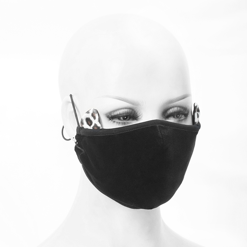 Black Gothic Velvet Face Mask With Leopard Ears / Unisex Everyday Masks With Adjustable Ear Loops - HARD'N'HEAVY