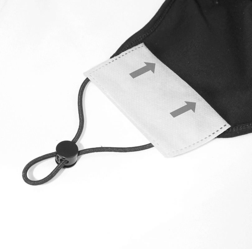 Close-up of adjustable ear loop on a black velvet mask, showcasing the inner pocket for filters.