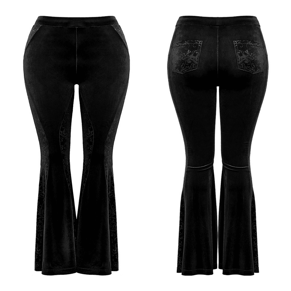 Black gothic velvet flared pants with embossed detailing, featuring an elegant hourglass silhouette and patch pockets.