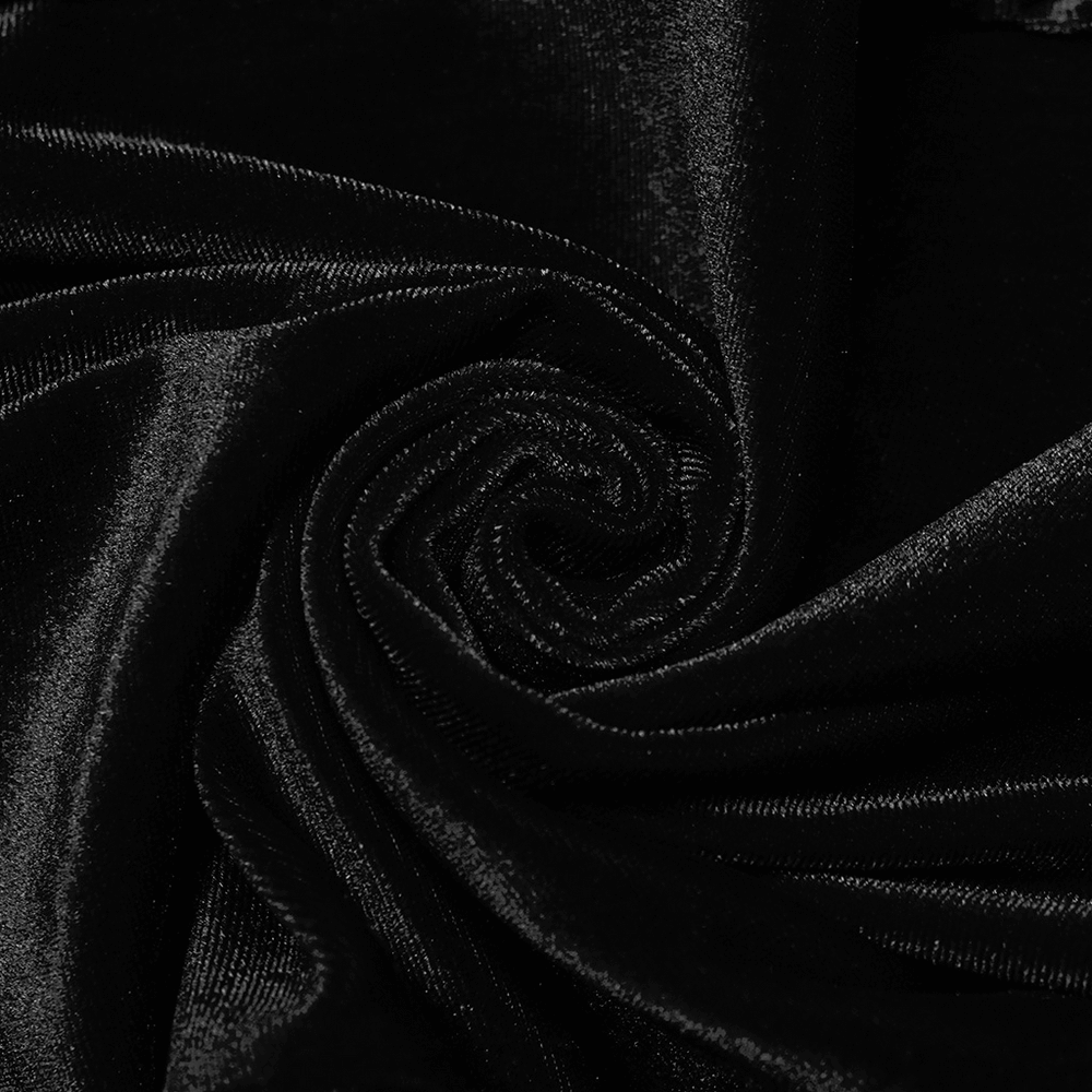 Close-up of luxurious black velvet fabric, showcasing its smooth texture and rich sheen, perfect for gothic-inspired fashion.