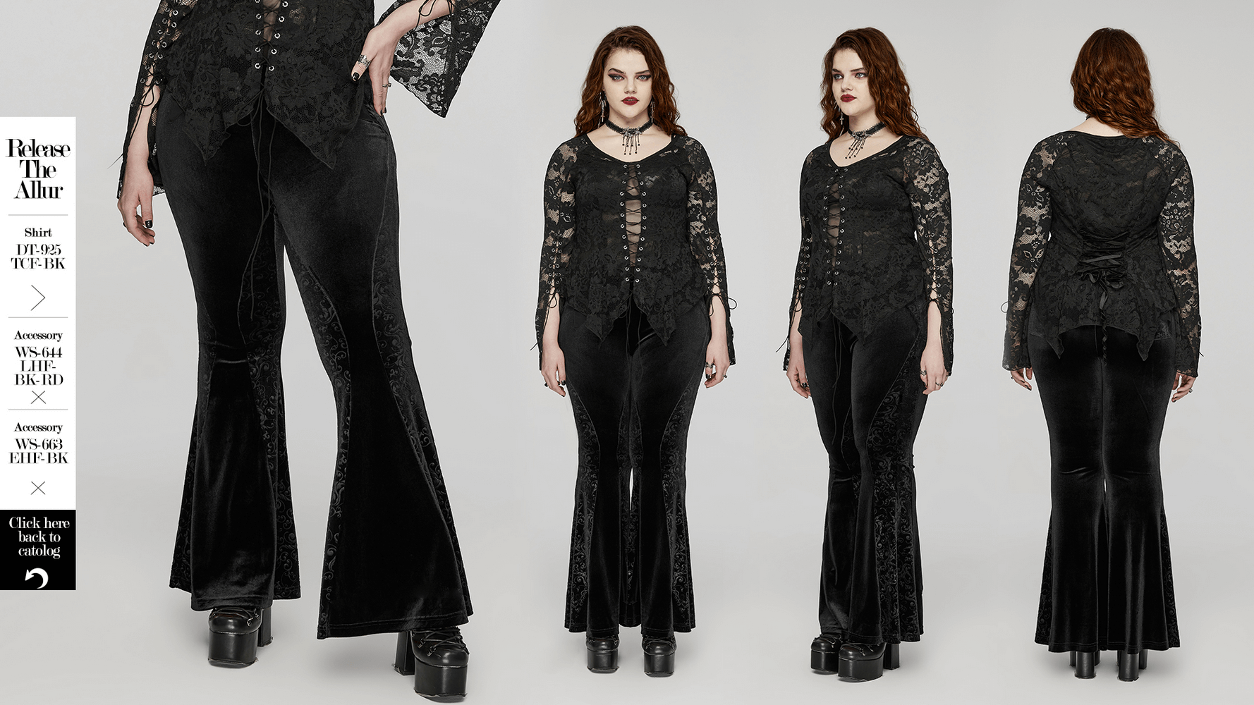 Black gothic velvet flared pants with embossed detailing, showcasing elegant hourglass silhouette and flared shape.