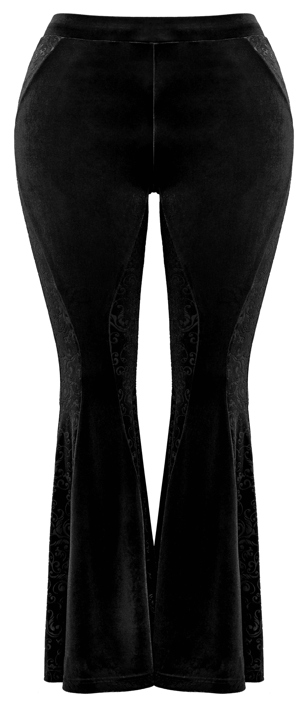 Black gothic velvet flared pants featuring embossed detailing, perfect for a chic hourglass silhouette and dramatic style.