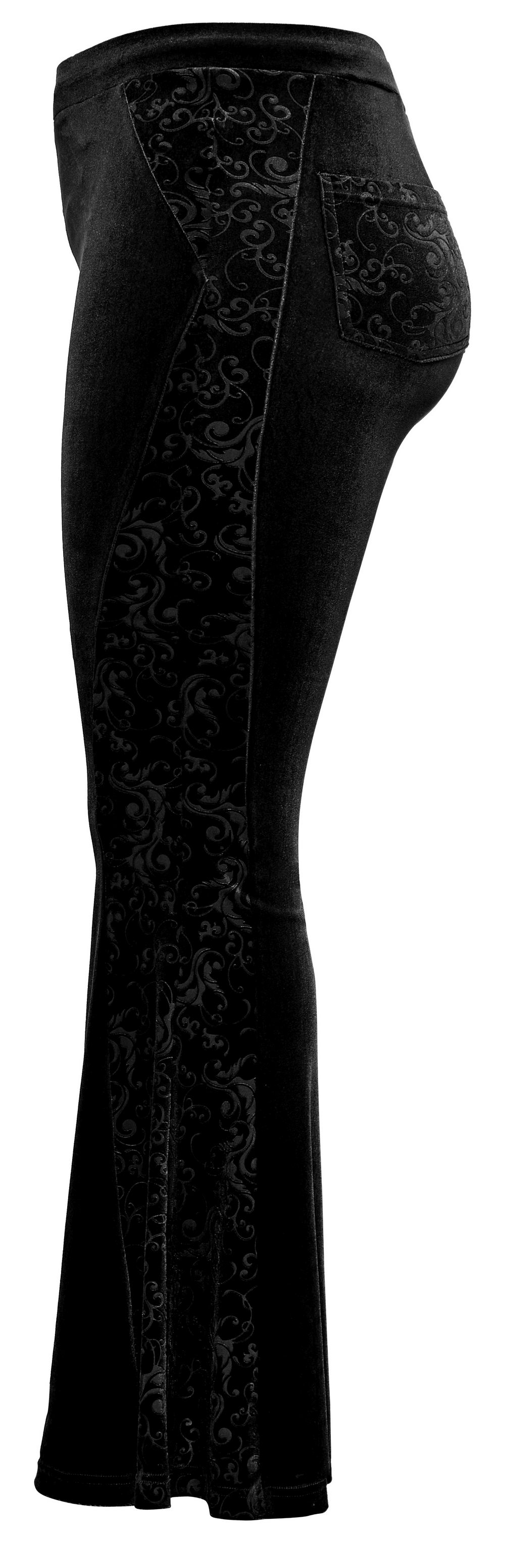 Black gothic velvet flared pants showcasing embossed detailing and hourglass silhouette with practical back pocket.