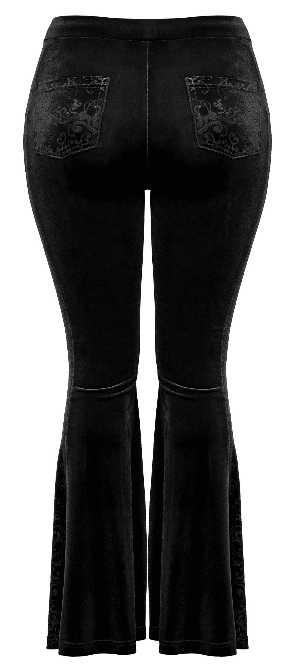 Black gothic velvet flared pants with embossed detailing and flared hem, showcasing elegant hourglass silhouette.