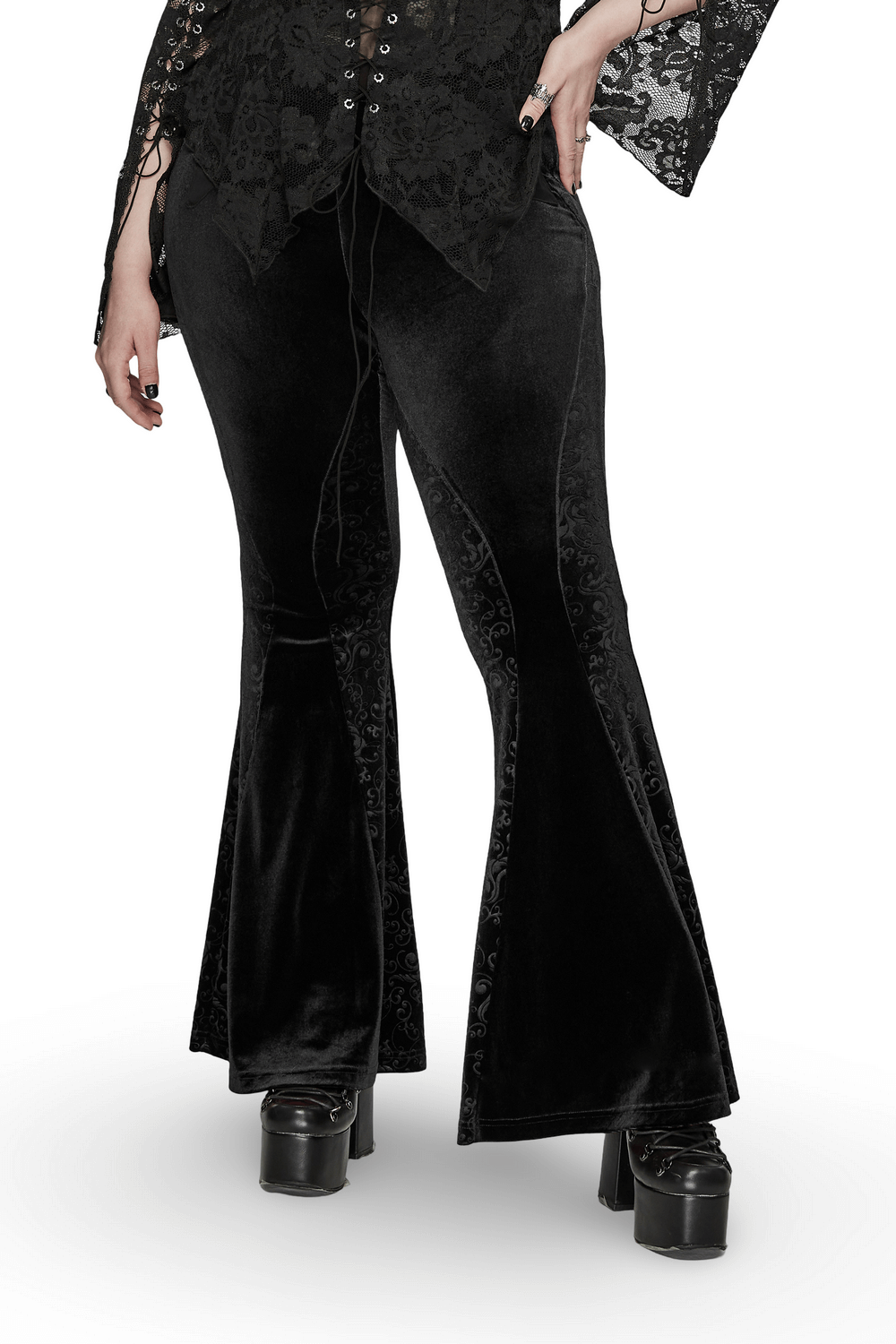 Black gothic velvet flared pants with embossed detailing, featuring an elegant hourglass silhouette.