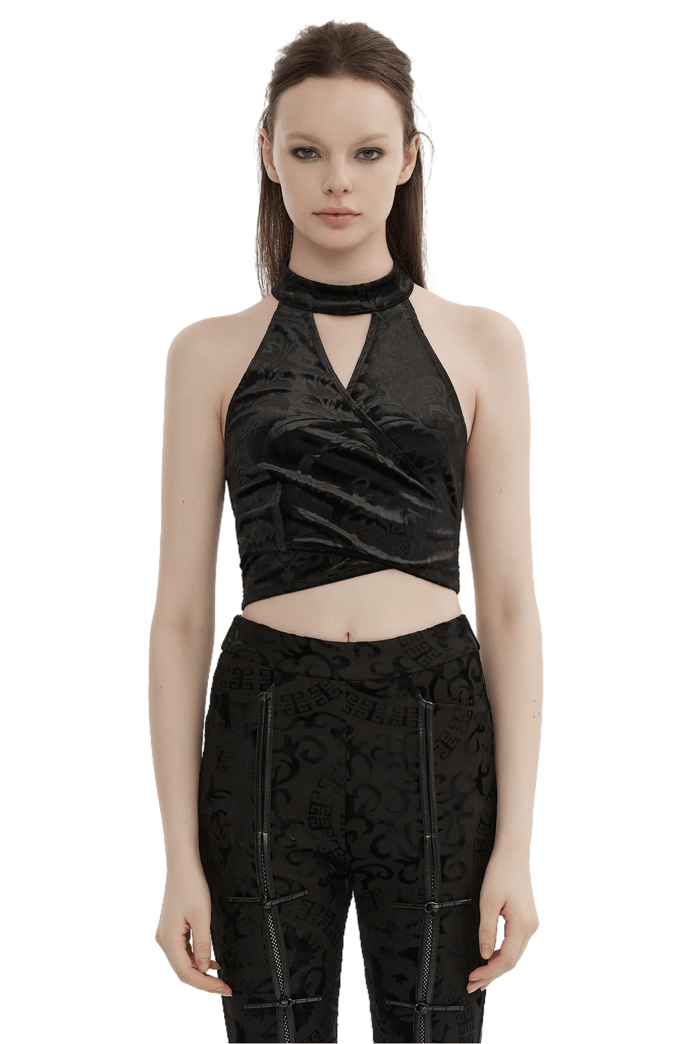 Chic black Gothic velvet halter tank top with intricate embossed details and V-cut back design for edgy style.