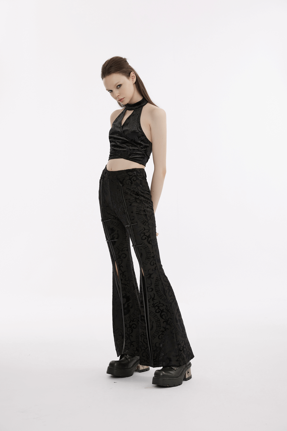 Black Gothic Velvet Halter Tank Top paired with matching flared pants, showcasing edgy style and elegance.
