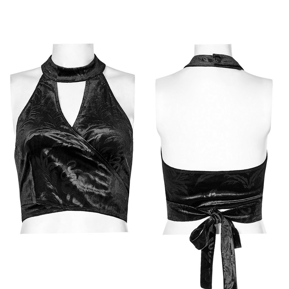 Black Gothic Velvet Halter Tank Top with Back Bow, featuring embossed detail and V-cut back for a stylish edge.