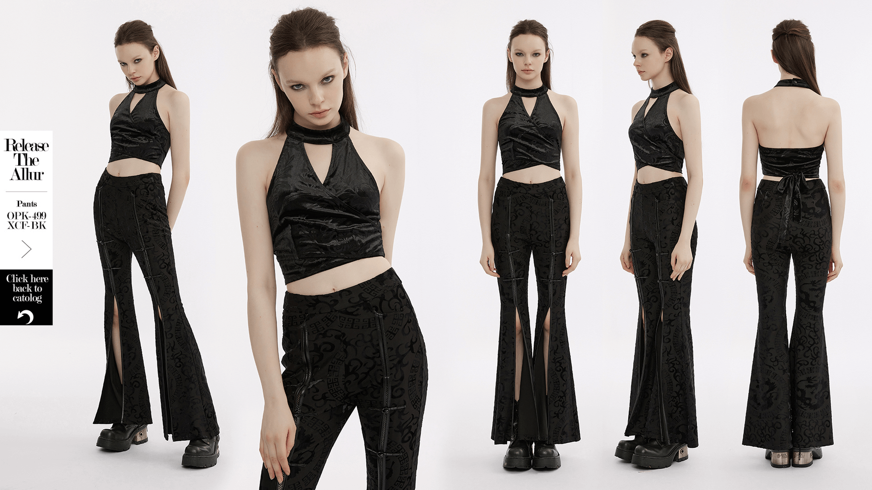 Black Gothic velvet halter tank top featuring back bow and flared pants, perfect for edgy fashion lovers.