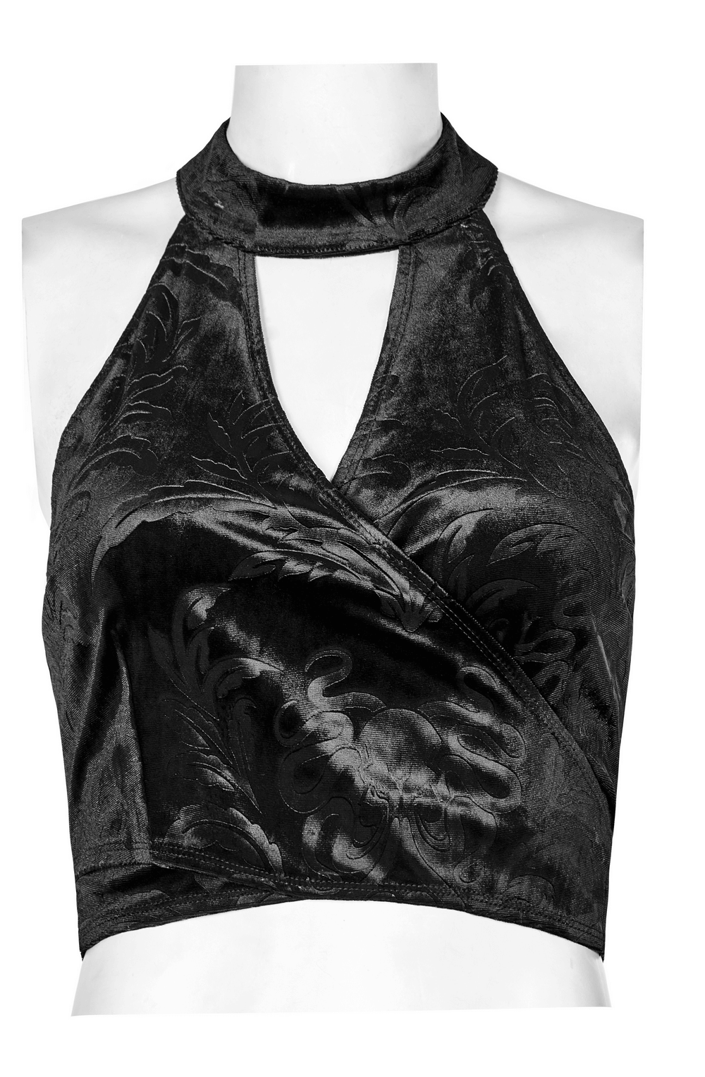 Black Gothic velvet halter tank top with embossed design, featuring a stylish V-cut neck and back bow detail.