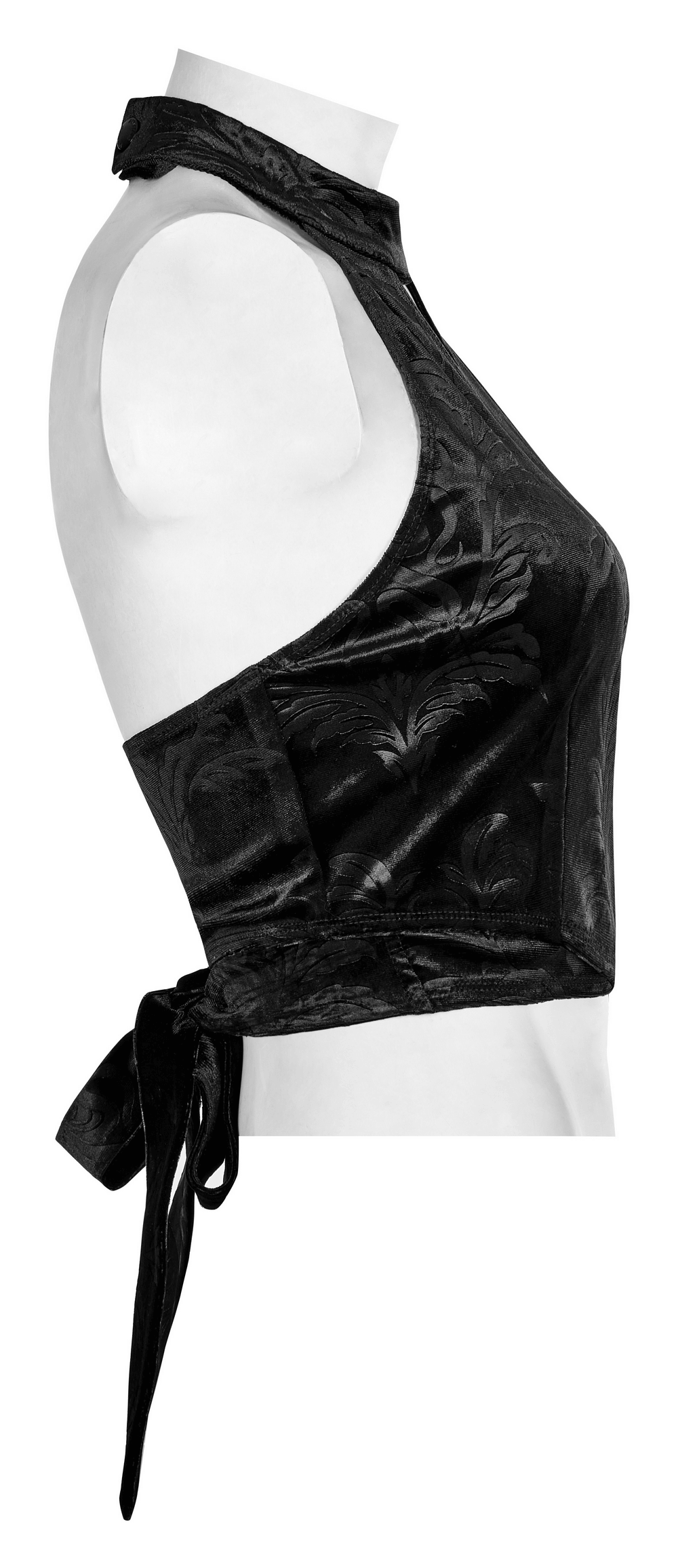 Black Gothic velvet halter tank top with back bow, featuring a stylish V-cut and embossed detailing.
