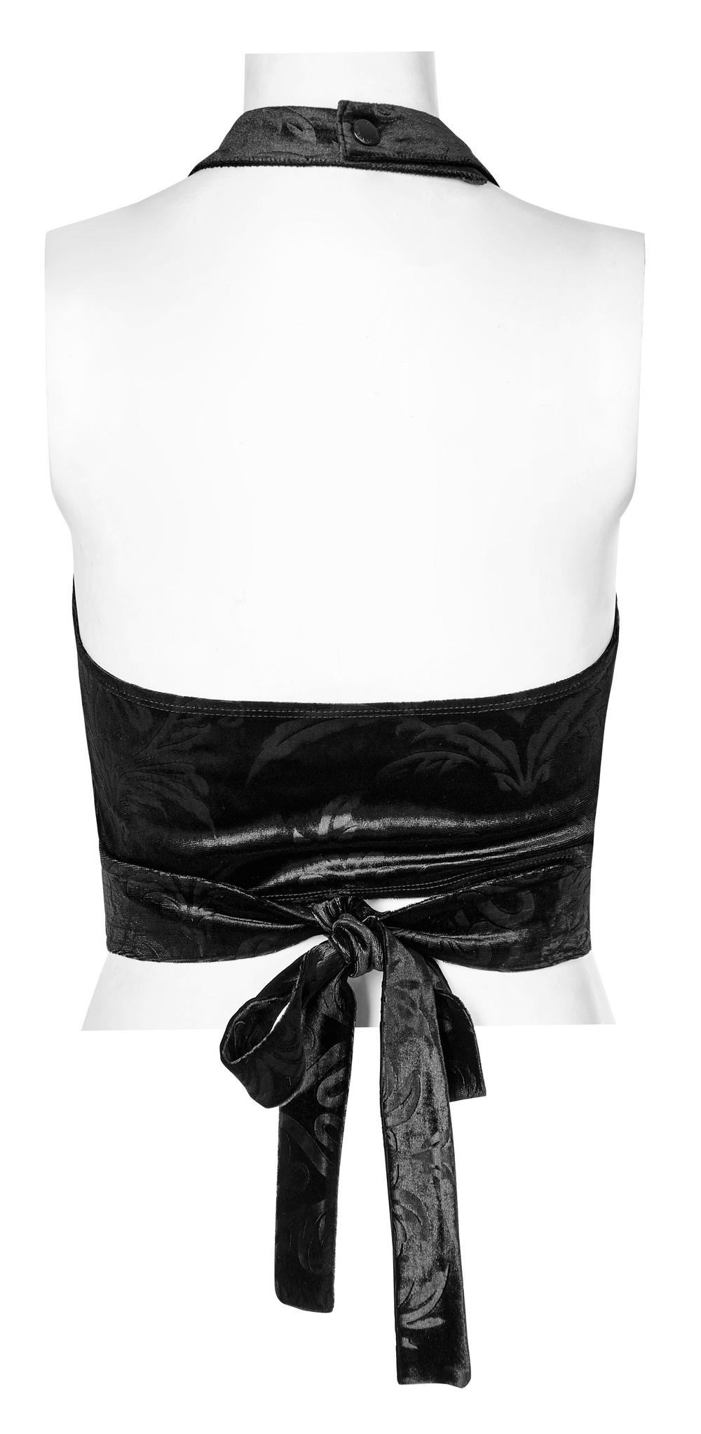 Back view of a black gothic velvet halter tank top with an elegant bow and v-cut detailing.