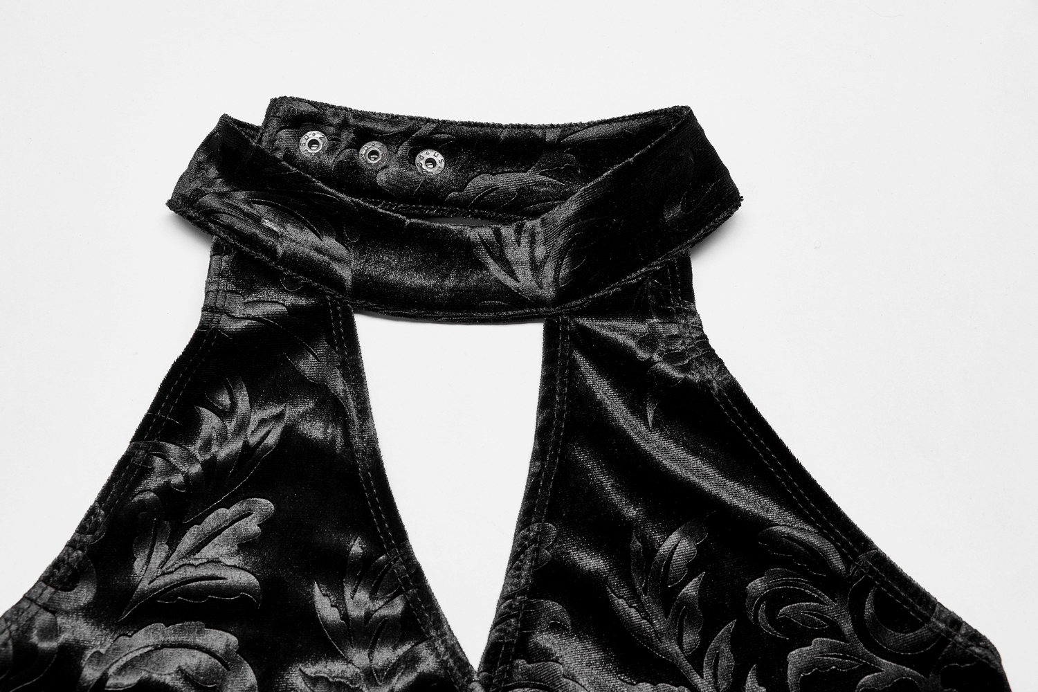 Black Gothic Velvet Halter Tank Top featuring a stunning V-cut back with embossed detailing and adjustable collar.
