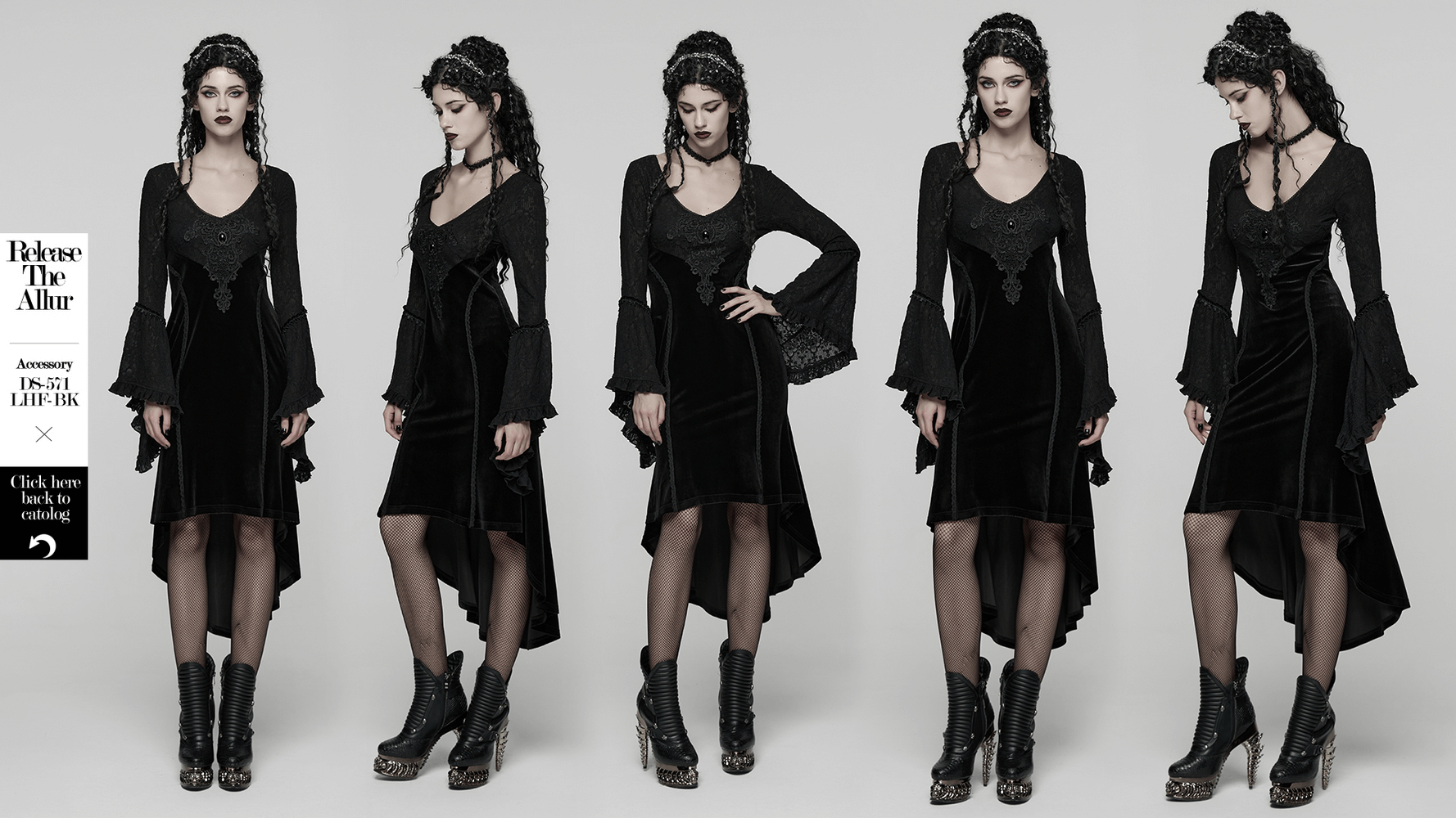 Black Gothic Velvet High-Low Dress with Lace Sleeves displayed on model showcasing elegant design and dramatic flair.