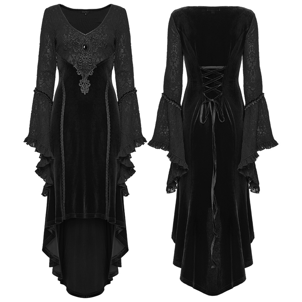 Black Gothic Velvet High-Low Dress with Lace Sleeves showcasing dramatic ruffled lace and exquisite retro appliqués.