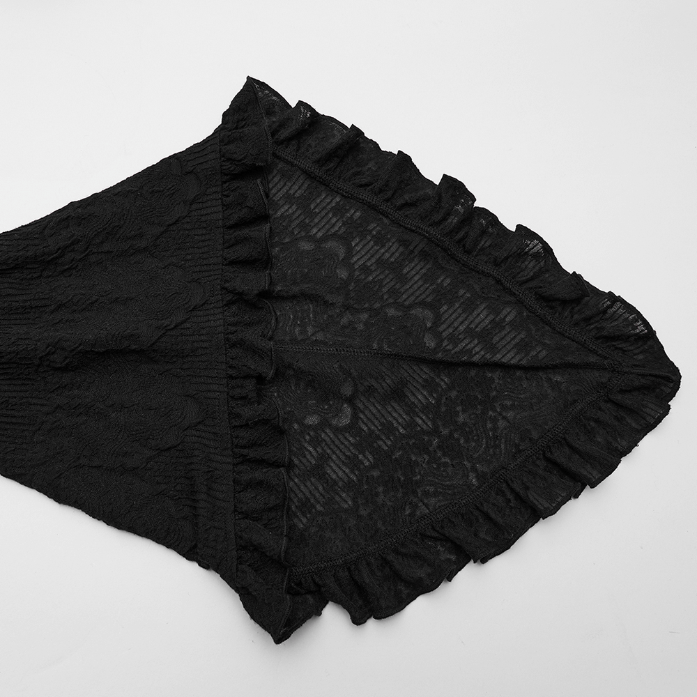 Black Gothic Velvet High-Low Dress with Lace Sleeves dramatic ruffled lace detail close-up