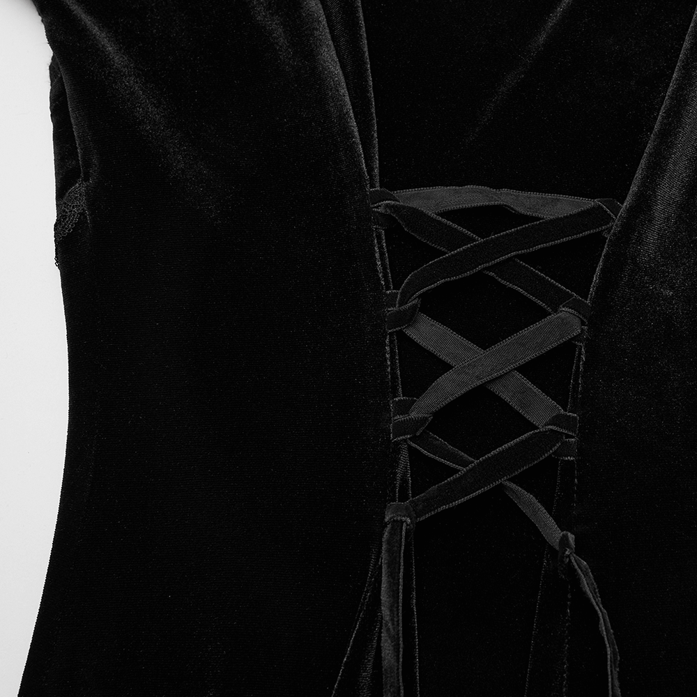 Black Gothic Velvet High-Low Dress with Lace Sleeves showcasing lace-up detail on soft velvet fabric.