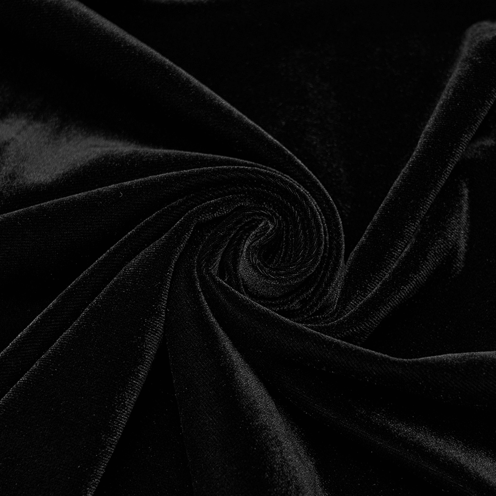 Black Gothic Velvet High-Low Dress with Lace Sleeves - luxurious black velvet fabric close-up, perfect for gothic style.