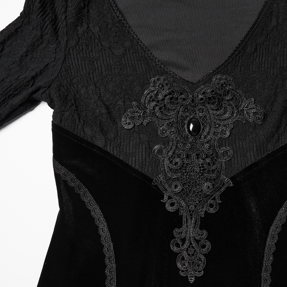 Black Gothic Velvet High-Low Dress with Lace Sleeves featuring intricate retro appliqués and gemstone detail.
