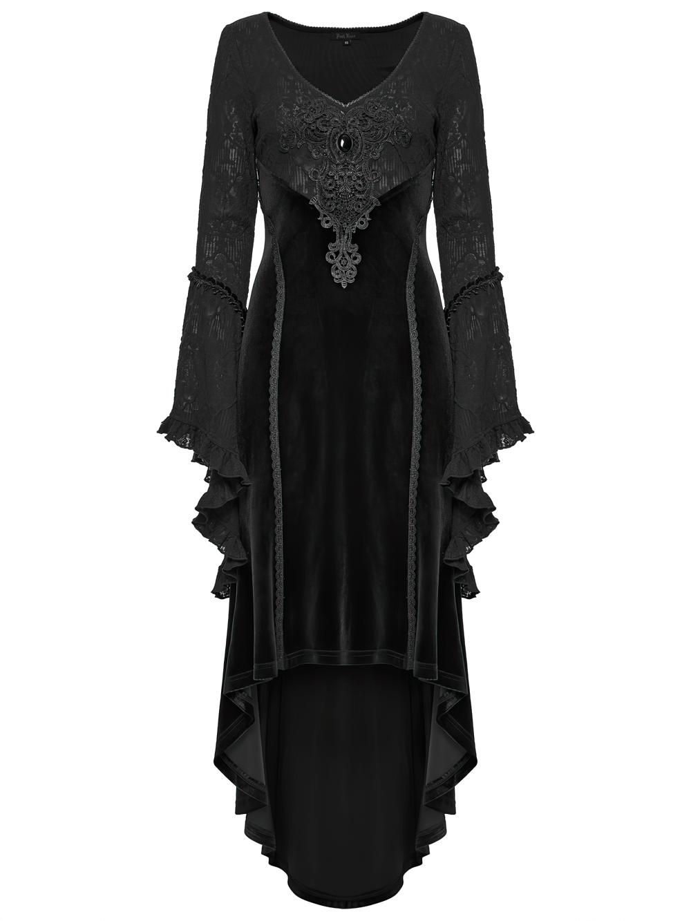 Black Gothic Velvet High-Low Dress with Lace Sleeves featuring lace sleeves and retro appliqué details.