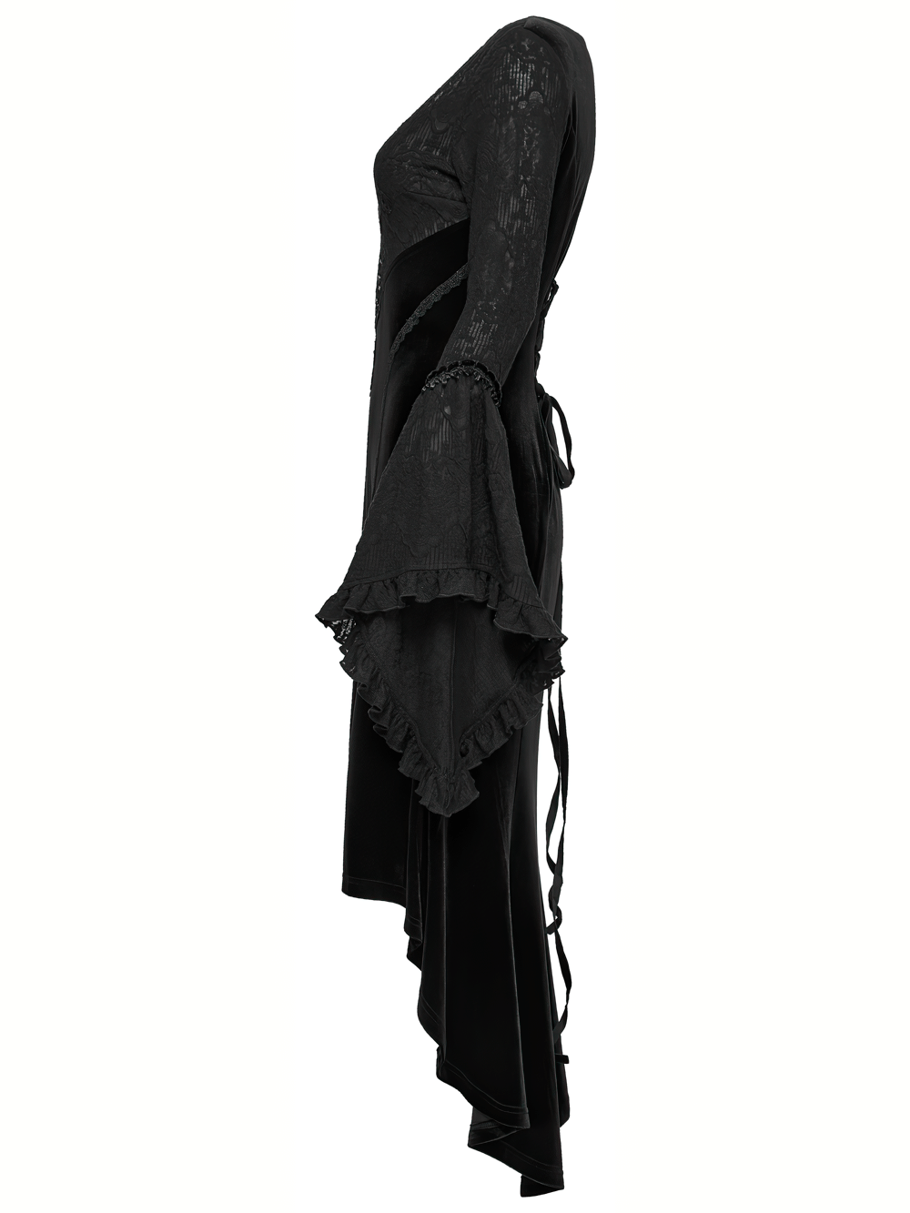 Black Gothic Velvet High-Low Dress with Lace Sleeves side view showcasing ruffled lace sleeves and elegant high-low cut.