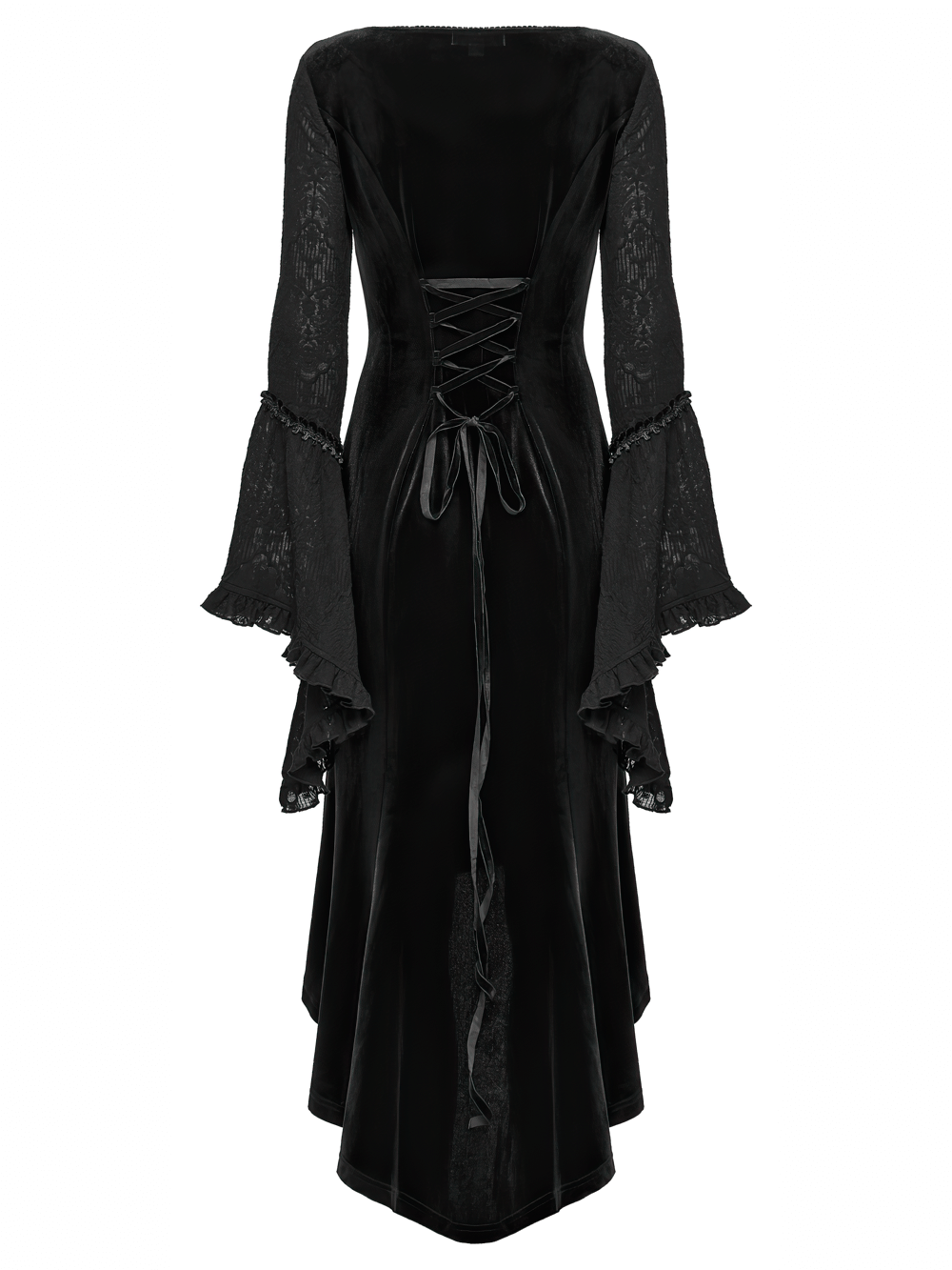 Black Gothic Velvet High-Low Dress with Lace Sleeves, featuring ruffled lace sleeves and a lace-up back design.