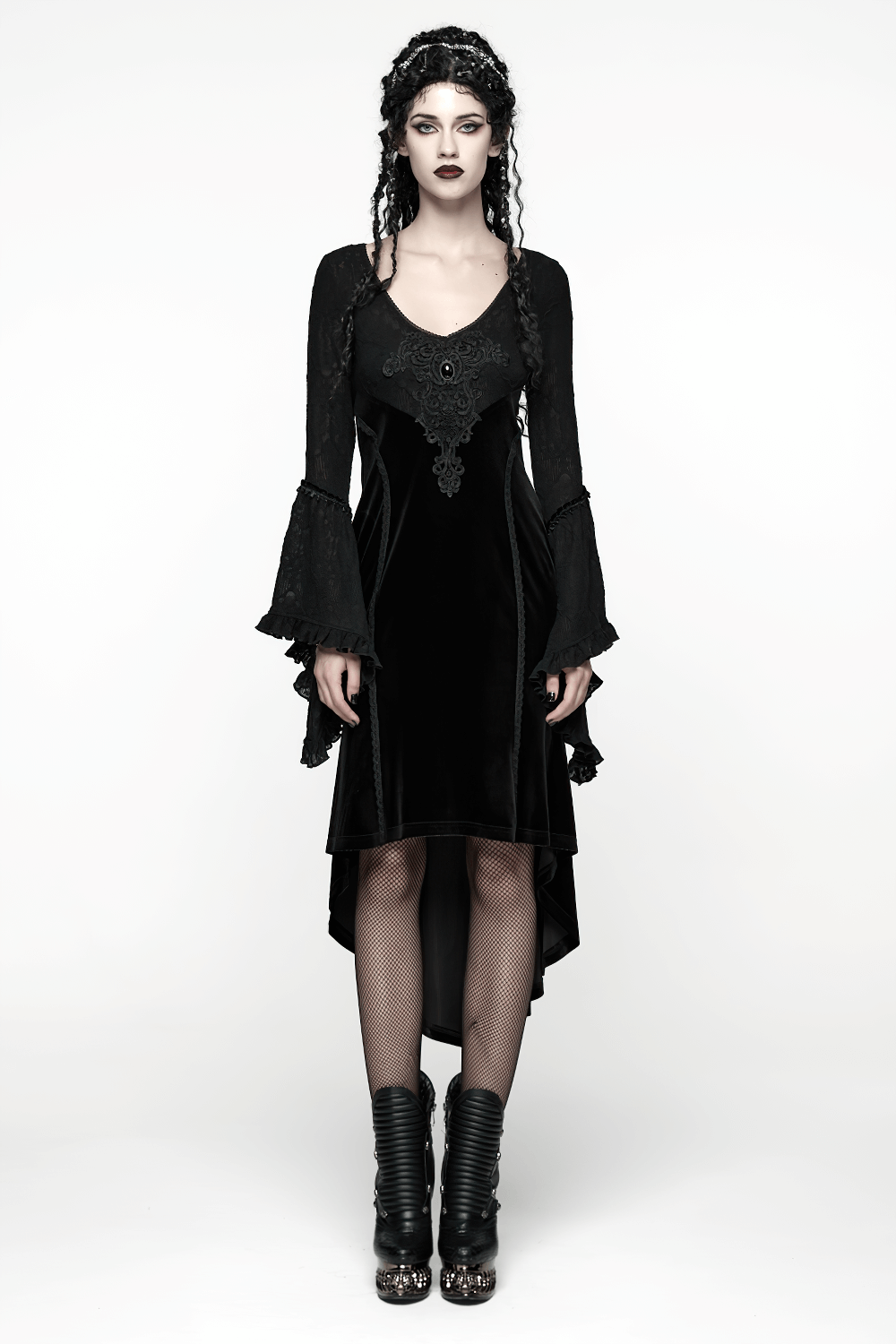 Black Gothic Velvet High-Low Dress with Lace Sleeves worn by a model showcasing the elegant design with flared lace sleeves.