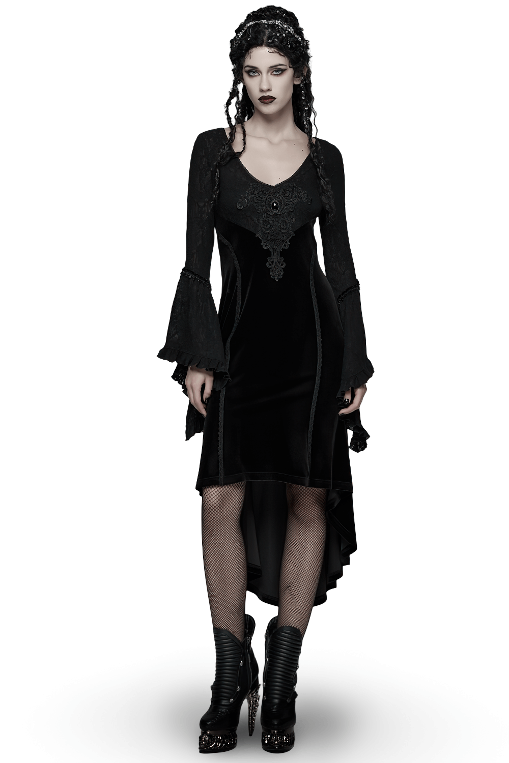 Black Gothic Velvet High-Low Dress with Lace Sleeves worn by model, featuring ruffled lace sleeves and retro appliqué details.