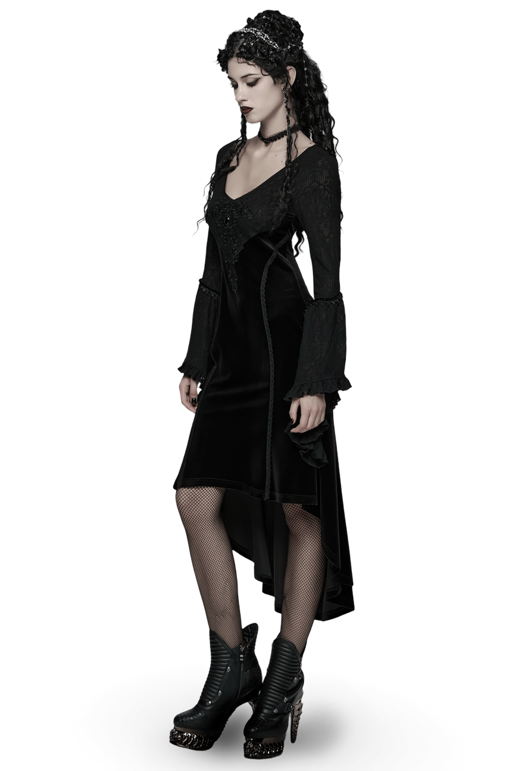 Black Gothic Velvet High-Low Dress with Lace Sleeves showcasing elegant design and dramatic flair.