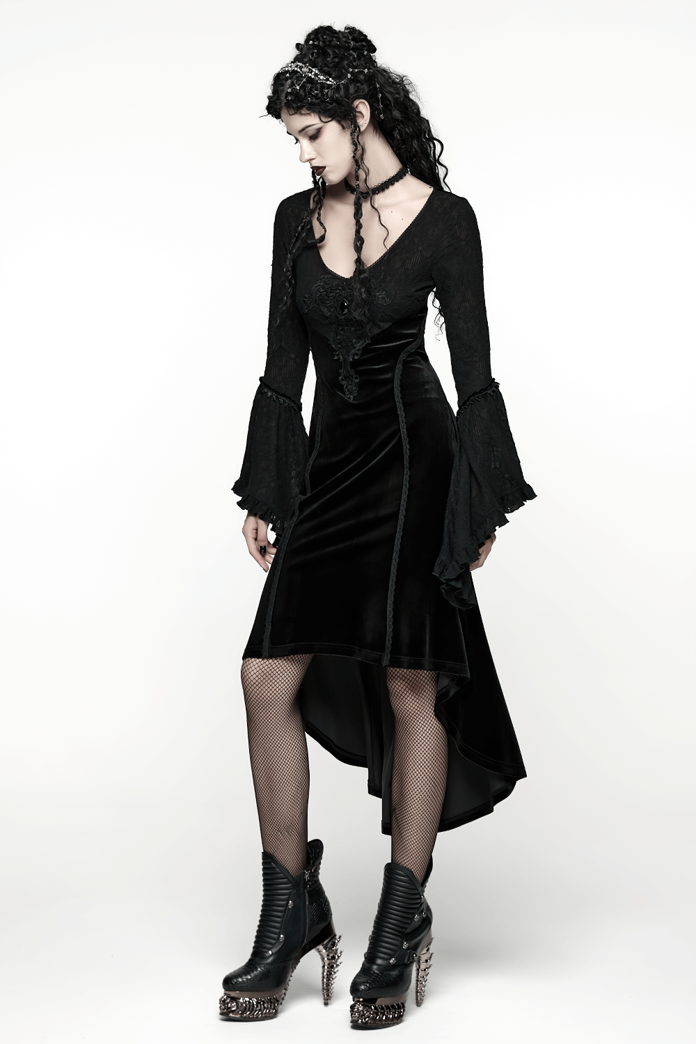 Black Gothic Velvet High-Low Dress with Lace Sleeves worn by a model, showcasing ruffled lace and elegant silhouette.
