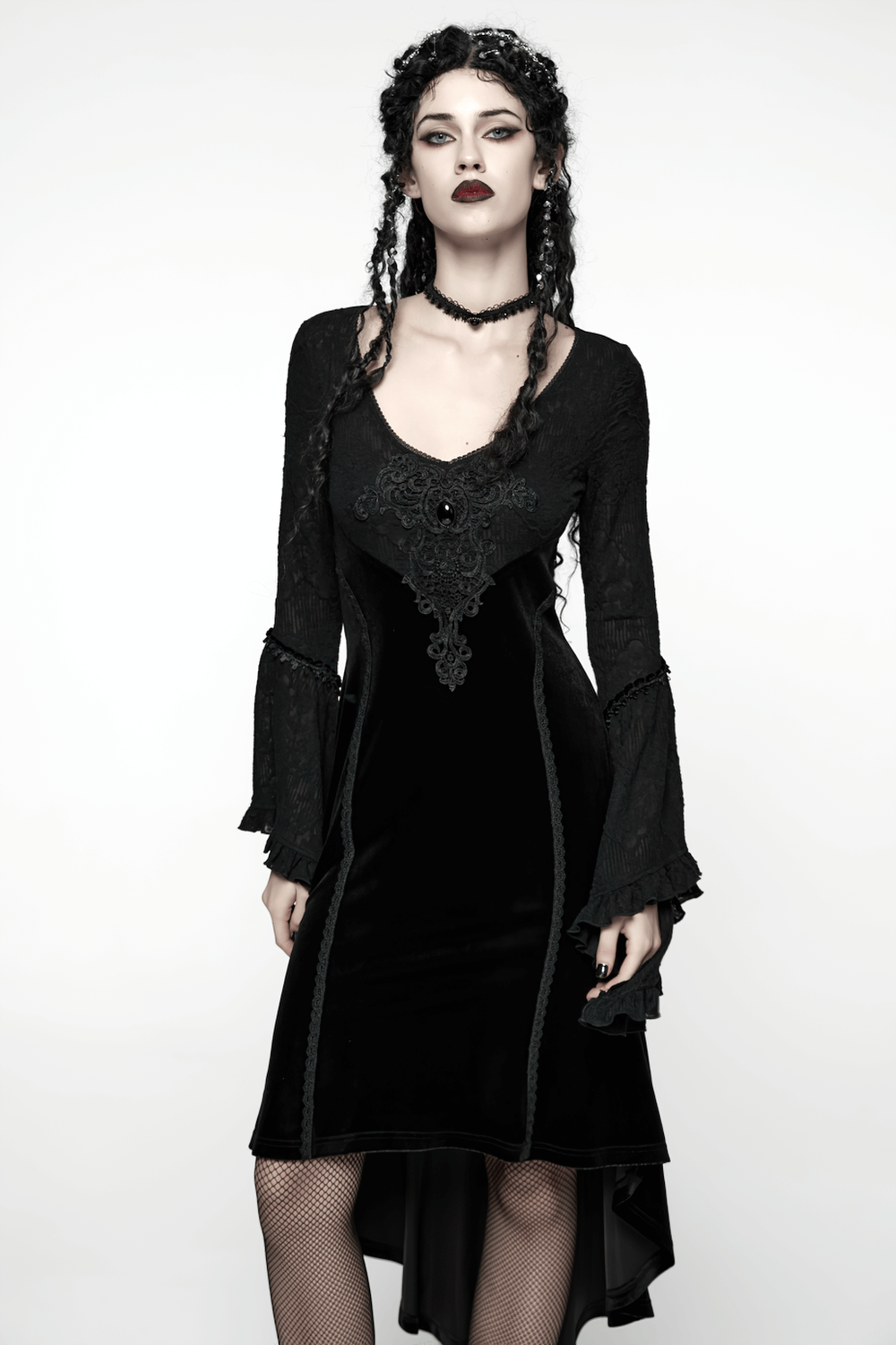 Black Gothic Velvet High-Low Dress with Lace Sleeves worn by a model, featuring lace details and gemstone embellishments.