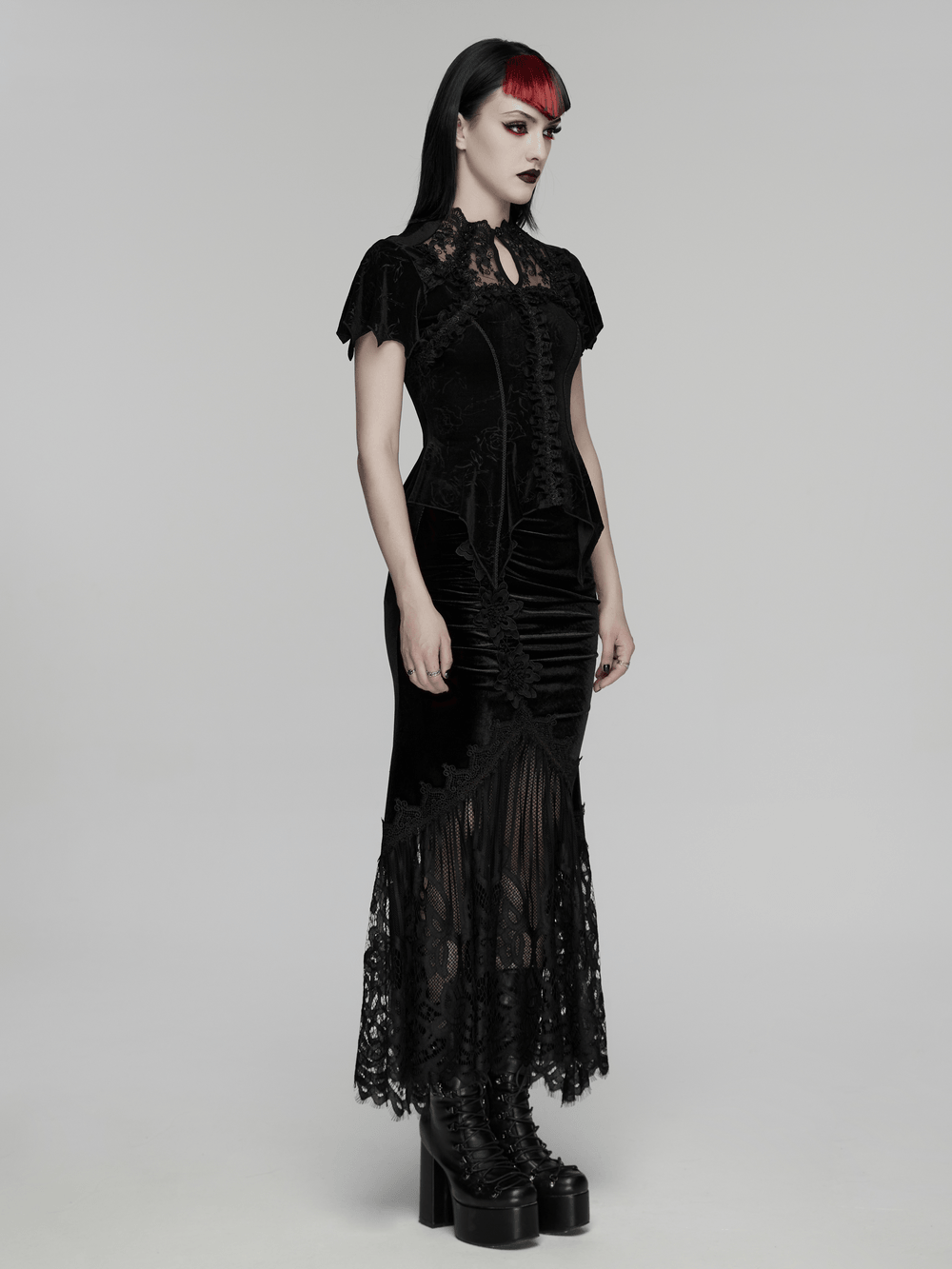 Alt Tag: Black Gothic Velvet Lace Blouse with Corset Back on goth model, embroidered collar, lace details, pointed cuffs, corset waist