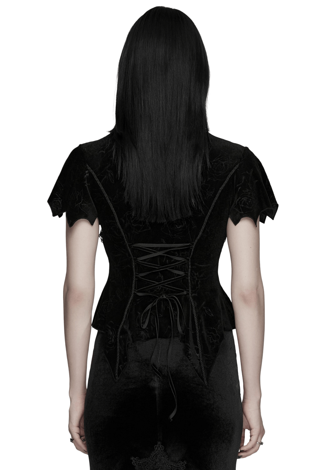 Alt Tag: Black Gothic Velvet Lace Blouse with Corset Back rear view showing lace-up corset waist, velvet floral texture, gothic fit