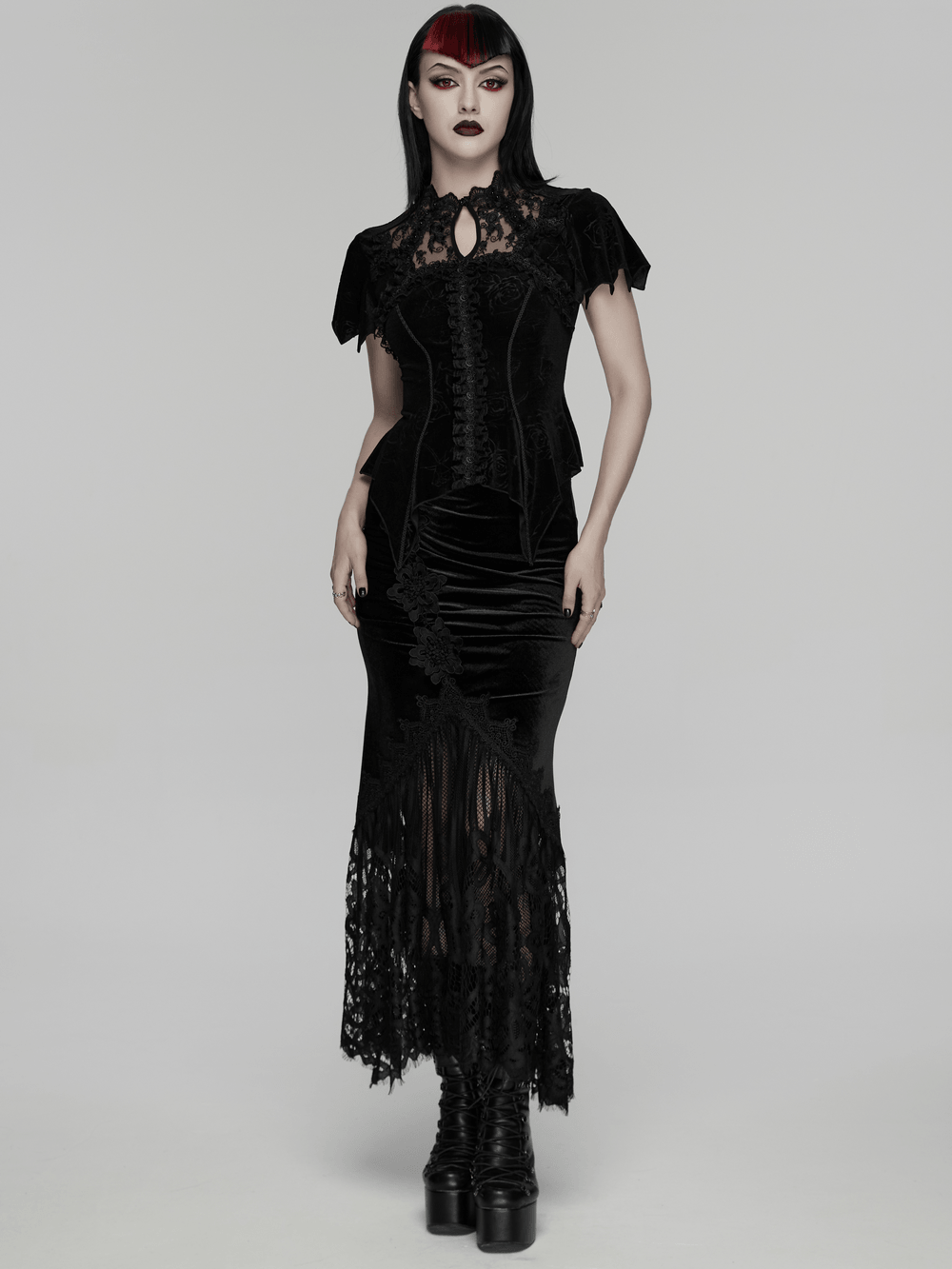 Black Gothic Velvet Lace Blouse with Corset Back on model, embossed velvet, sheer embroidered collar, lace details, Victorian goth fit