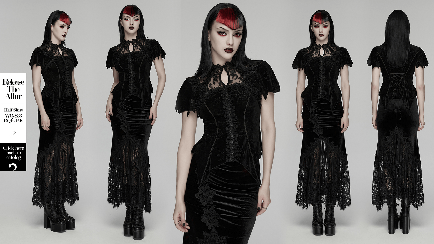 Alt Tag: Model wearing Black Gothic Velvet Lace Blouse with Corset Back, sheer embroidered collar, rose buttons, lace hem, and lace-up waist
