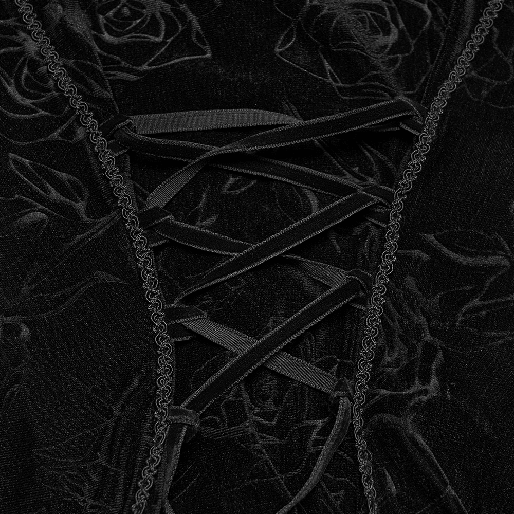 Alt Tag: Black Gothic Velvet Lace Blouse with Corset Back close-up of lace-up back on embossed velvet with rose pattern and lace trim