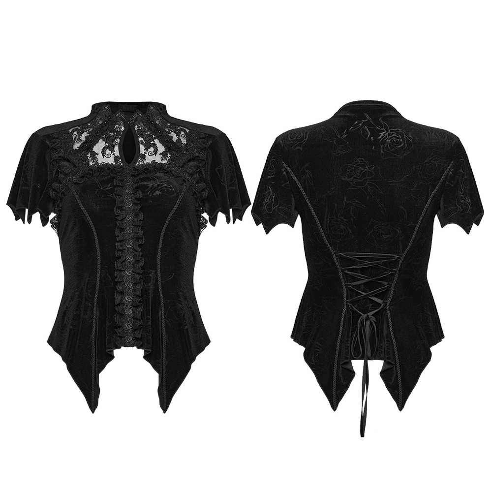 Alt Tag: Black Gothic Velvet Lace Blouse with Corset Back front and back view, embroidered sheer collar, pointed cuffs, lace-up waist