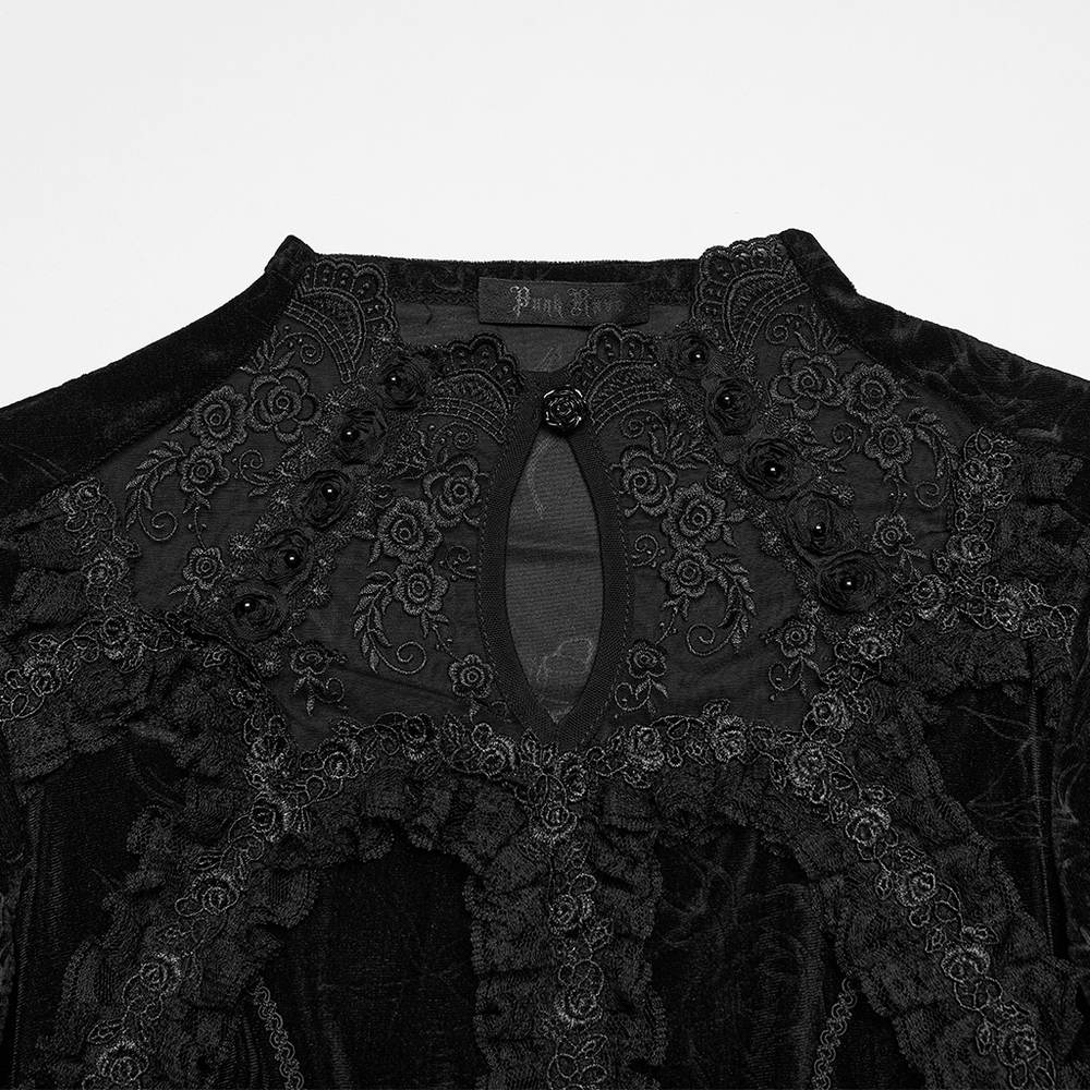 Alt Tag: Black Gothic Velvet Lace Blouse with Corset Back with sheer embroidered collar, rose buttons, and 3D pleated lace neckline