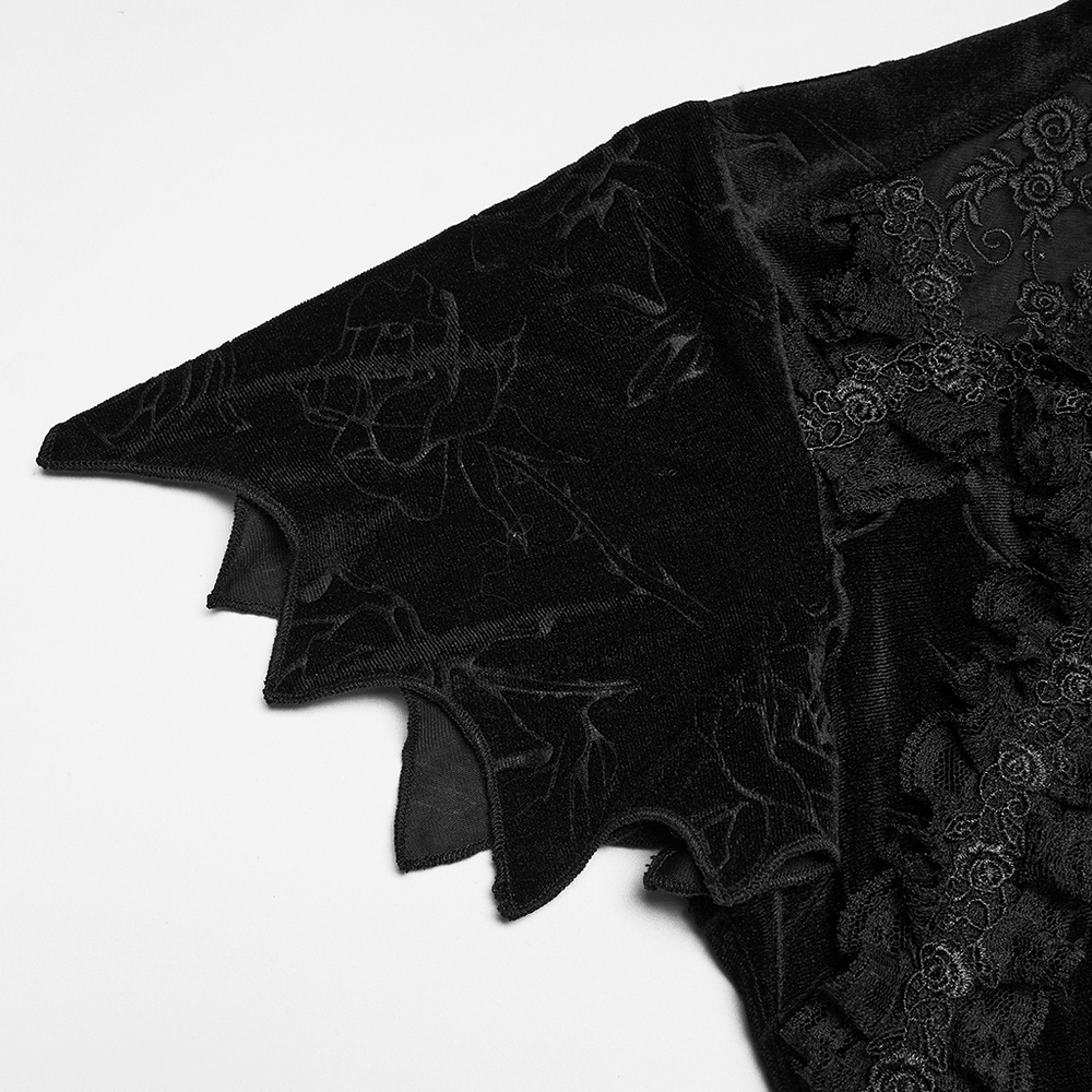 Alt Tag: Black Gothic Velvet Lace Blouse with Corset Back close-up of embossed velvet sleeve, scalloped hem, and embroidered lace trim