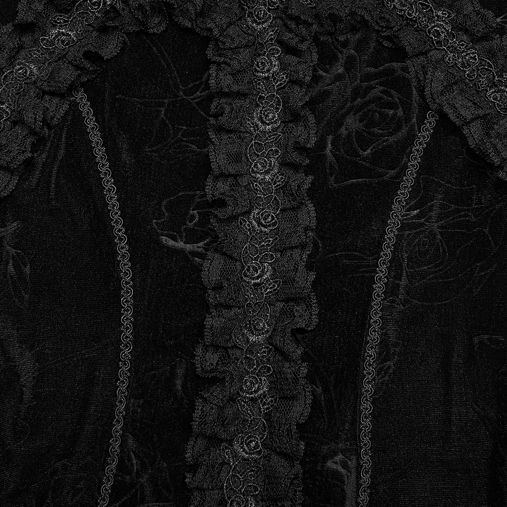Alt Tag: Black Gothic Velvet Lace Blouse with Corset Back close-up of embossed velvet rose texture with ruffled lace trim and embroidered detailing