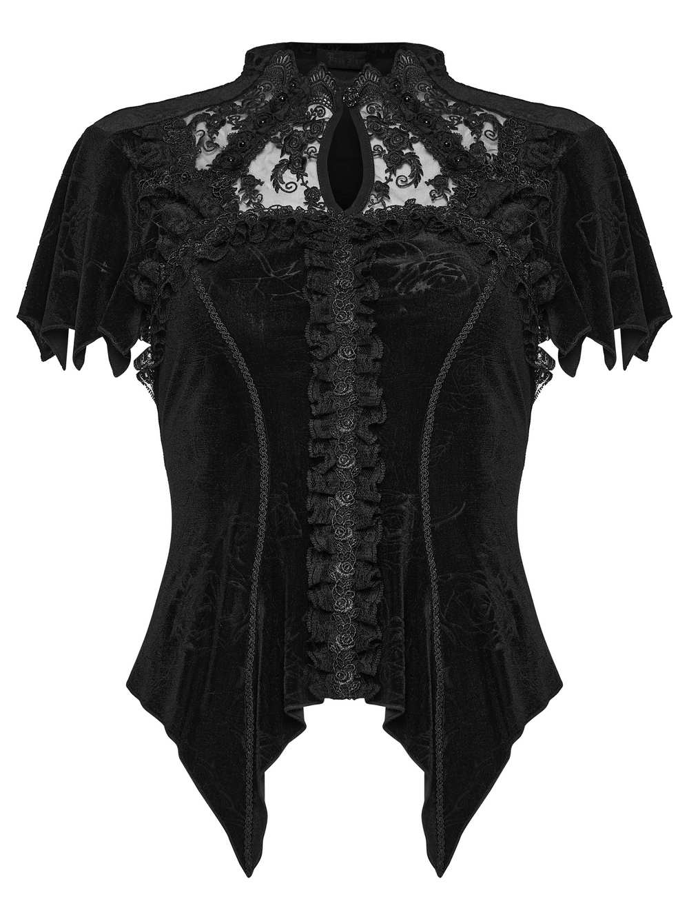 Alt Tag: Black Gothic Velvet Lace Blouse with Corset Back featuring embroidered sheer collar, rose buttons, 3D lace ruffles and pointed hem