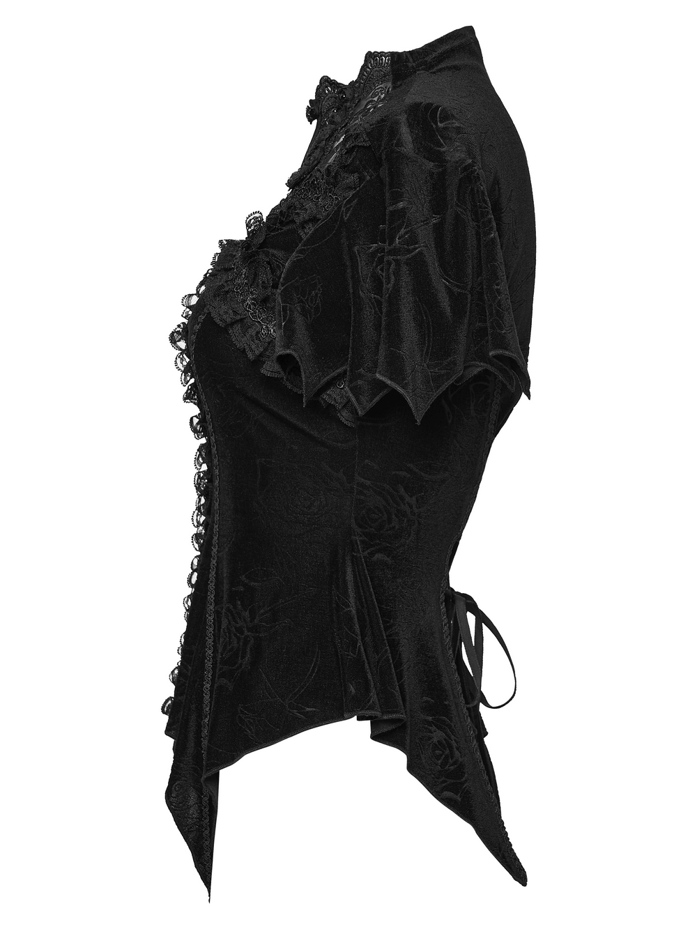 Alt Tag: Black Gothic Velvet Lace Blouse with Corset Back side view, embossed velvet floral texture, lace ruffles, sheer collar, pointed hem