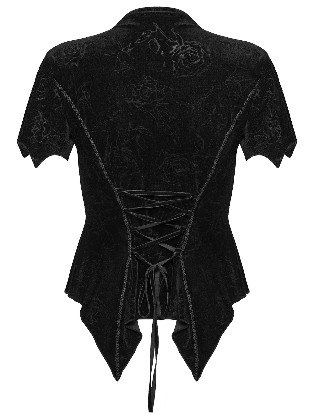 Alt Tag: Black Gothic Velvet Lace Blouse with Corset Back rear view, embossed rose velvet, lace-up corset waist, pointed hem