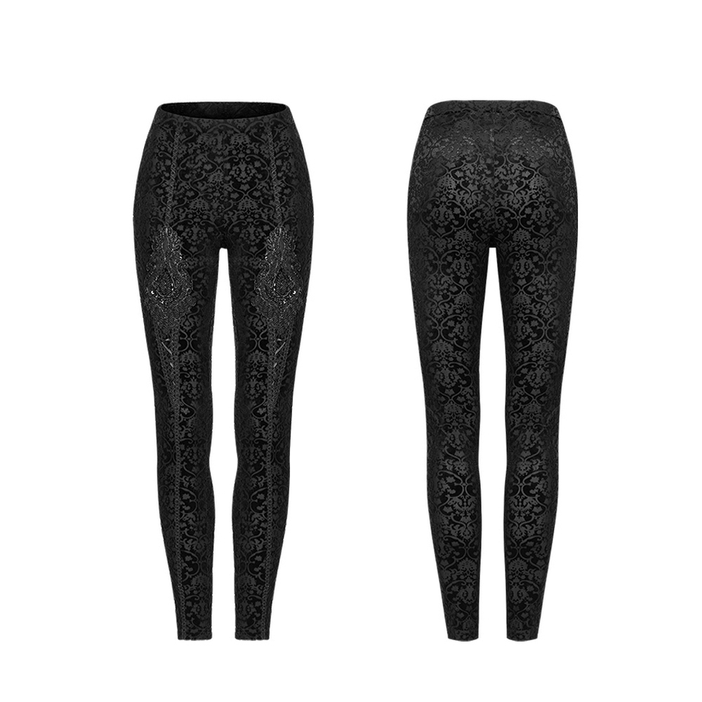 Black gothic velvet leggings with floral lace detail and elegant burnout pattern.