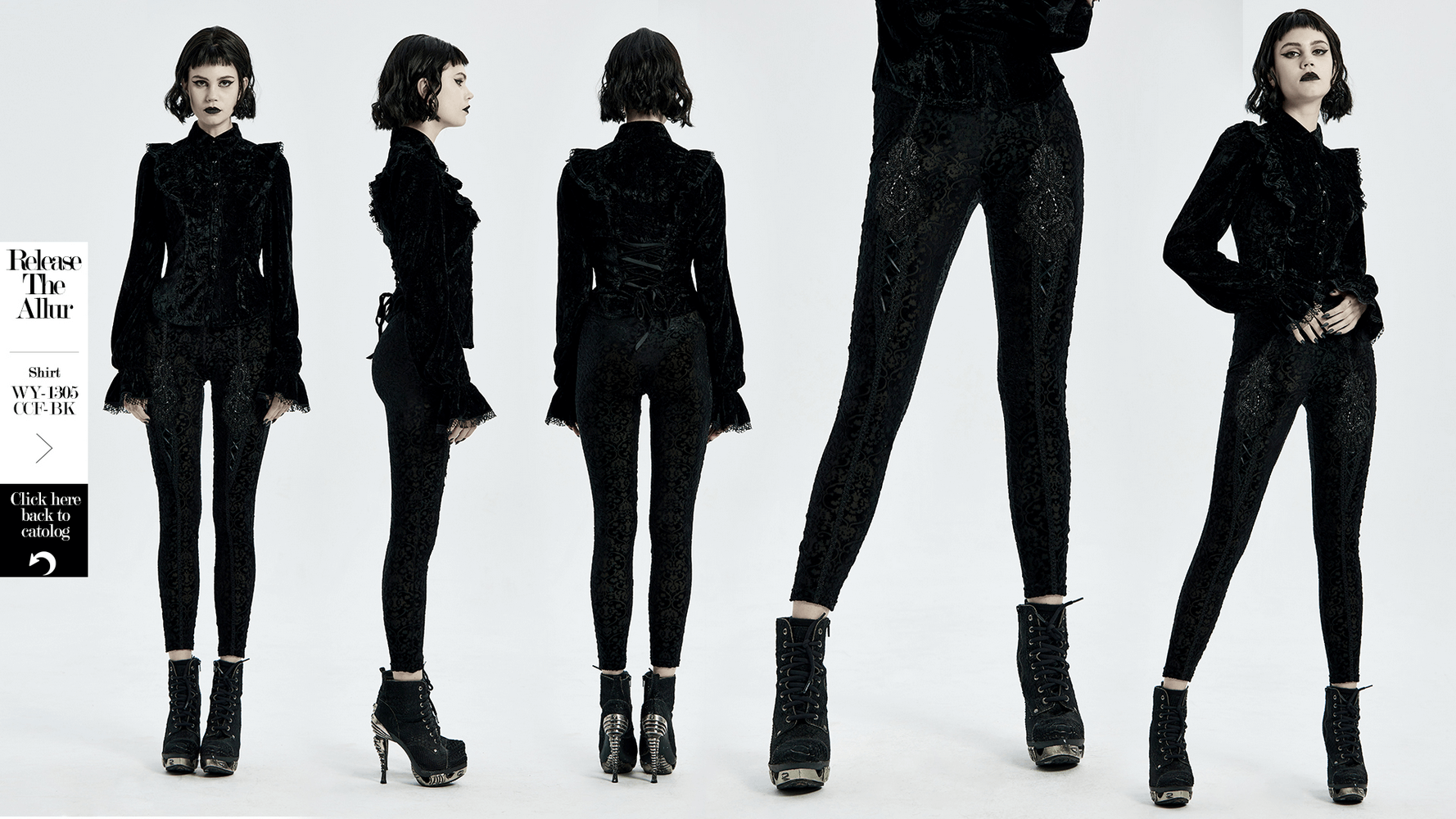 Model showcasing black gothic velvet leggings with floral lace detail, wearing stylish boots and an elegant top.
