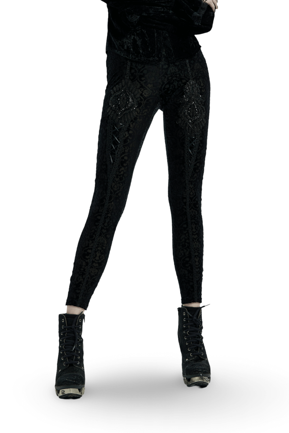 Black gothic velvet leggings with floral lace detail and beadwork for a chic gothic look.